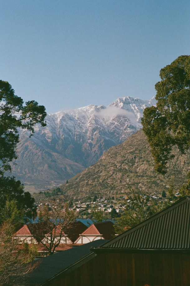Snow-capped mountains above a green valley