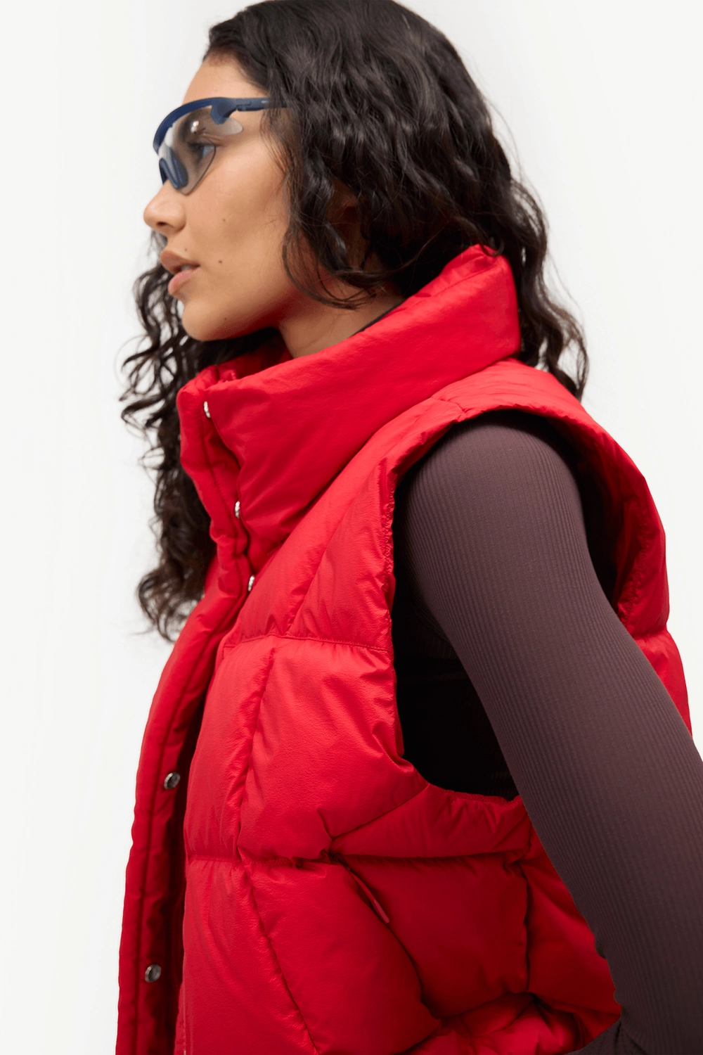 Red Louise Down Vest over a dark long sleeve