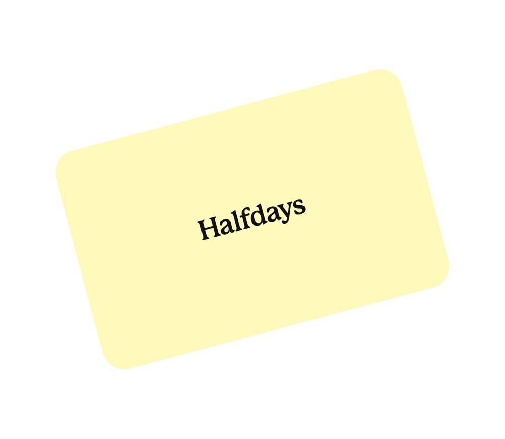 Butter yellow Halfdays gift card tilted on a white background