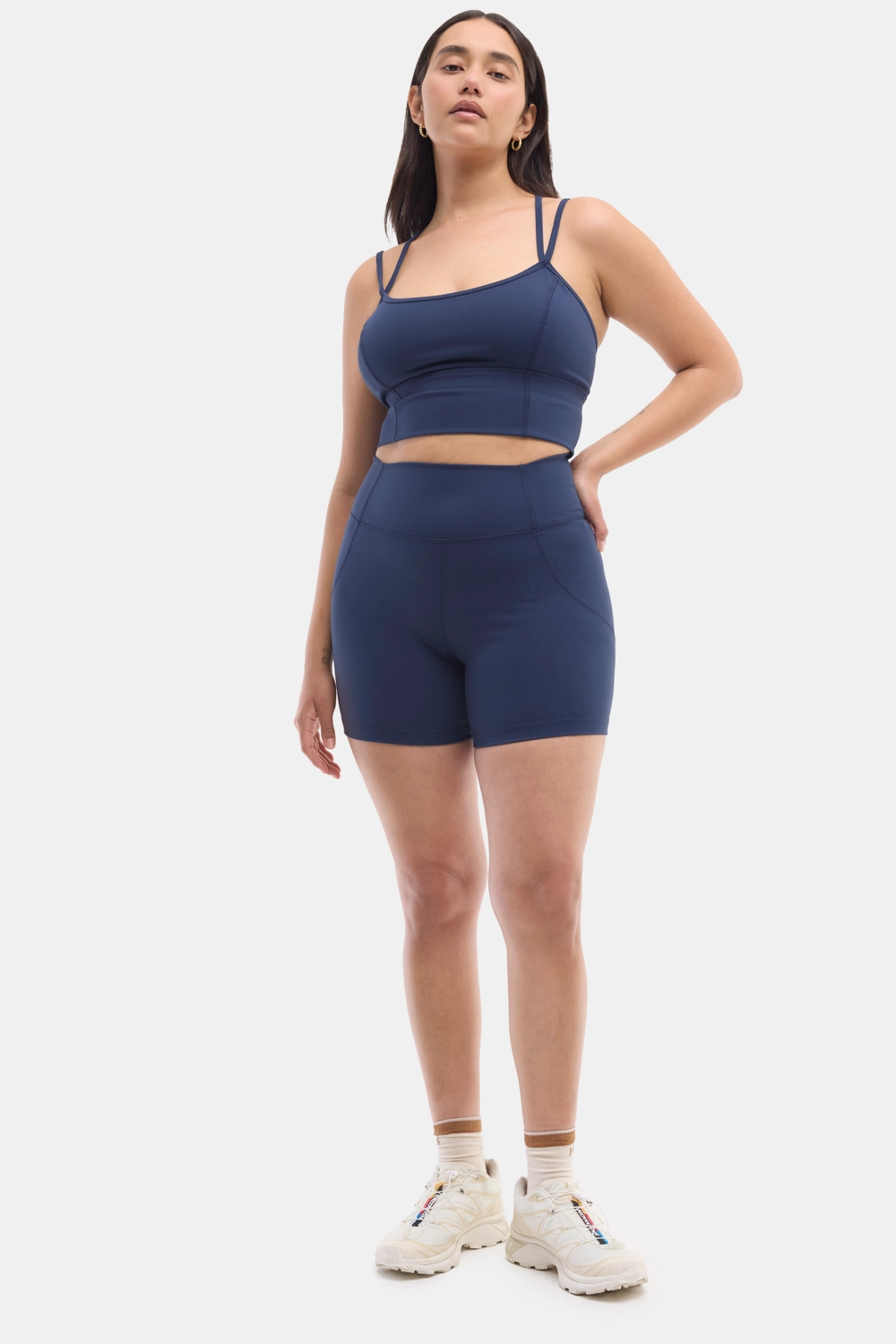 Navy Hattie Bike Short worn with a navy top