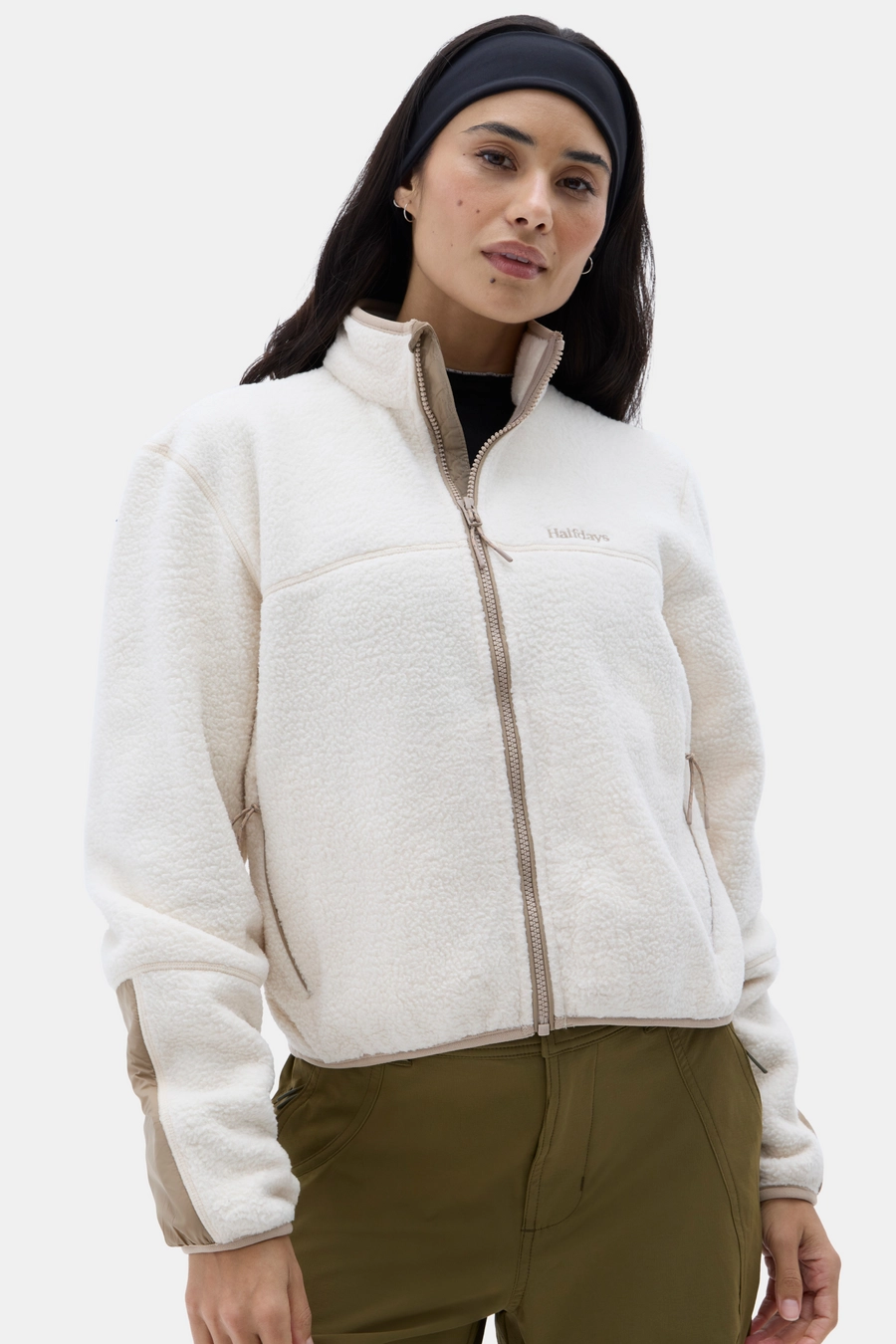 Cream Chapelle Fleece Jacket with olive pants